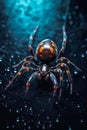 Close up of spider on web of water droplets on black background. Generative AI