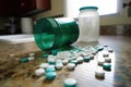 close-up of a spilled pill bottle on countertop