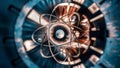 A close up of a spinning atomic structure with the atom symbol, AI