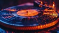 Close-up of spinning vinyl record with glowing sparks in motion Royalty Free Stock Photo