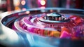 A close up of a spinning wheel with colorful confetti on it, AI