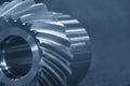 Close up the spiral bevel gear part in the light blue scene Royalty Free Stock Photo