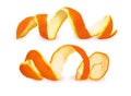 Close-up Spiral peeled fresh orange peels isolated on white background. Two citrus peels Royalty Free Stock Photo