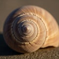 Close-up of a spiral seashell on a sandy surface, featuring a smooth, tan texture with intricate Royalty Free Stock Photo