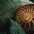 A close up of a spiral shell on a leaf. AI generative image.