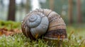 Snail Shell Covered in Raindrops Sitting on Green Moss in a Forest Setting Royalty Free Stock Photo