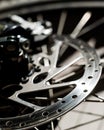 Close-up of a spoke wheel. Macro photo. Part of the bike.