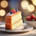 Close up of a sponge cake, foreground sharp with bokeh background.
