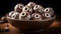 Close up of spooky Chocolate covered Eyeballs. Halloween Food Backdrop