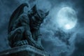 A close-up of a spooky gargoyle statue against a moonlit sky Royalty Free Stock Photo