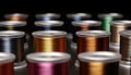Close up of spools in a row, metal bottle threading sewing material generated by AI