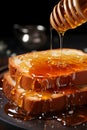 A close-up spoon with honey drizzling onto a slice of whole-grain toast
