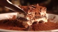 A close-up of a spoonful of creamy tiramisu with a layer of chocolate dusted with cocoa powder