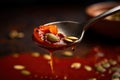 close-up of spoonful of gazpacho, with droplets and seeds visible