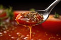 close-up of spoonful of gazpacho, with droplets and seeds visible