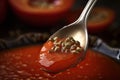 close-up of spoonful of gazpacho, with droplets and seeds visible