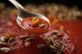 close-up of spoonful of gazpacho, with droplets and seeds visible