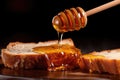 close-up of a spoonful of honey dripping onto bread
