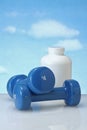 Close up of Sport blue dumbbells.