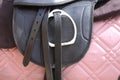 Close up of a sport horse saddle. Quality classical leather saddle Royalty Free Stock Photo