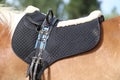 Close up of a sport horse saddle. Quality classical leather saddle Royalty Free Stock Photo