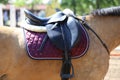 Close up of a sport horse saddle. Quality classical leather saddle Royalty Free Stock Photo