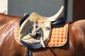 Close up of a sport horse saddle. Quality classical leather saddle Royalty Free Stock Photo