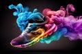 close-up of sport shoes with magical colourful smoke floating around the sneaker Royalty Free Stock Photo