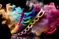 close-up of sport shoes with magical colourful smoke floating around the sneaker Royalty Free Stock Photo