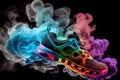 close-up of sport shoes with magical colourful smoke, with smoke floating from the bottom and curling up Royalty Free Stock Photo