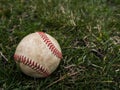 Close up sports background image of an old used weathered leather baseball ball laying in the grass field outside showing Royalty Free Stock Photo