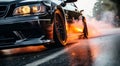 close-up of a sports car doing burnout on the street, car doing burnout, close-up of car