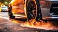 close-up of a sports car doing burnout on the street, car doing burnout, close-up of car Royalty Free Stock Photo