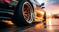 close-up of a sports car doing burnout on the street, car doing burnout, close-up of car