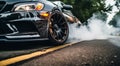 close-up of a sports car doing burnout on the street, car doing burnout, close-up of car