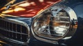 A close-up of a sports car's glistening headlight