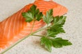 Close-up of a sprig of fresh parsley on fresh raw salmon fillet on a table.