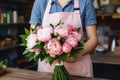 Close up of spring Bouquet of peonies on blurred florist workplace. Closeup of female florist holding bunch Ai, Ai Generated