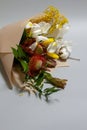 Close-up spring bouquet of ruscus, leucadendron, leucospermum, iris, cotton, mimosa branch, tulip on a gray background, selective