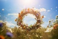 Close-up of spring summer flower wreath on a green meadow. Pagan tradition and holiday of Midsummer solstice