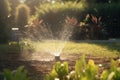 close-up of sprinkler head, spraying water in a backyard garden Royalty Free Stock Photo