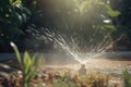 close-up of sprinkler head, spraying water in a backyard garden Royalty Free Stock Photo