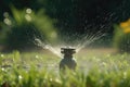 close-up of sprinkler head, spraying water in a backyard garden Royalty Free Stock Photo