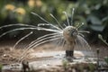 close-up of sprinkler head, spraying water in a backyard garden