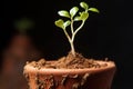 close-up of a sprouting seedling in a small terracotta pot