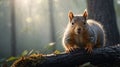 Adorable Red Squirrel Posing on a Forest Log in the Sunlight Royalty Free Stock Photo