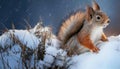 A close-up of a squirrel in a snow-covered landscape, with snowflakes falling around it during winter. Royalty Free Stock Photo