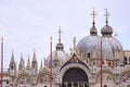 Close-up of St Mark Cathedral with dome and art work decorations. International landmark in Venice, Italy Royalty Free Stock Photo