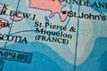 Close up of St Pierre and Miquelon on a Map