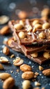 Close-up of a stack of chocolate bars topped with caramel and peanuts